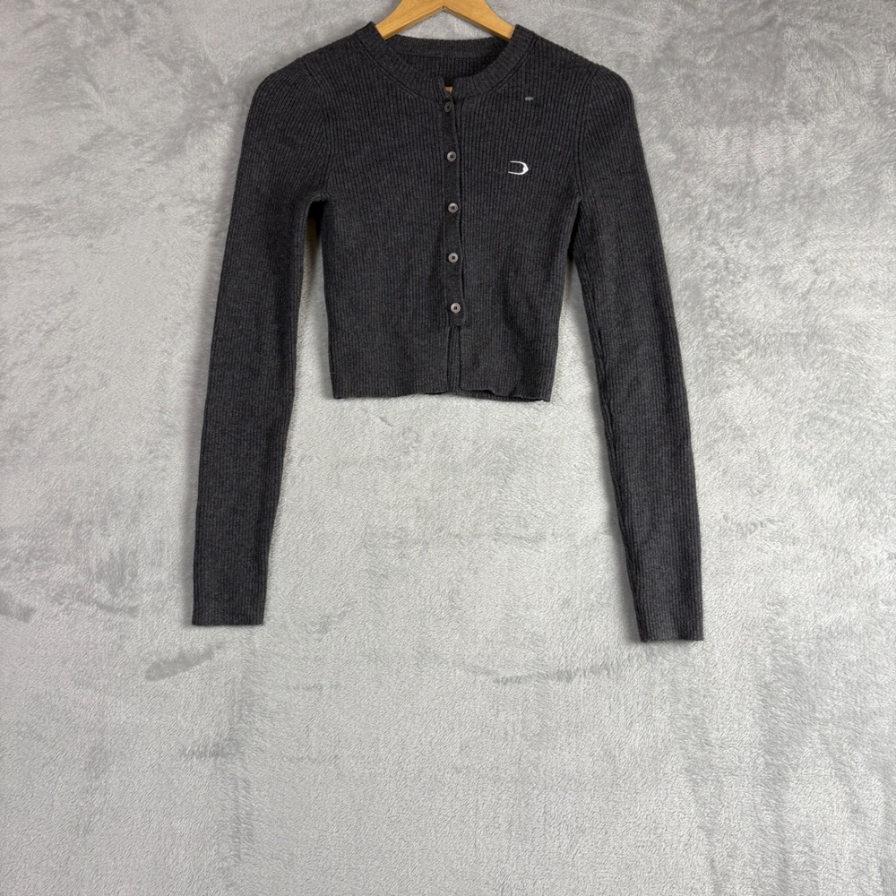 Cloudwild Womens Ribbed Knit Cropped Cardigan Charcoal Grey Button Front Size M